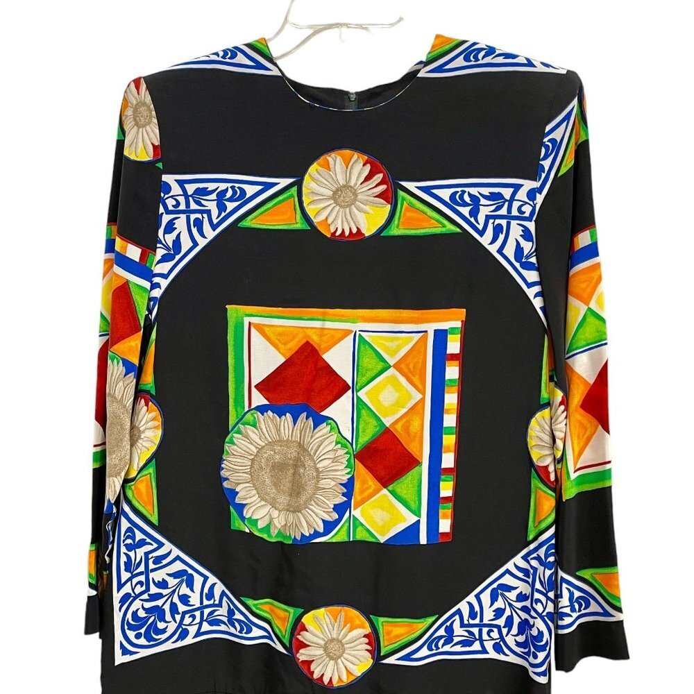 KC Spencer Multicolor Long Sleeve Dress Geometric and Sunflower Patterns Size M - Picture 2 of 14